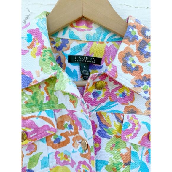 Lauren Ralph Lauren Denim Jacket Medium Bright Floral on White AOP Spring Summer - Picture 2 of 5